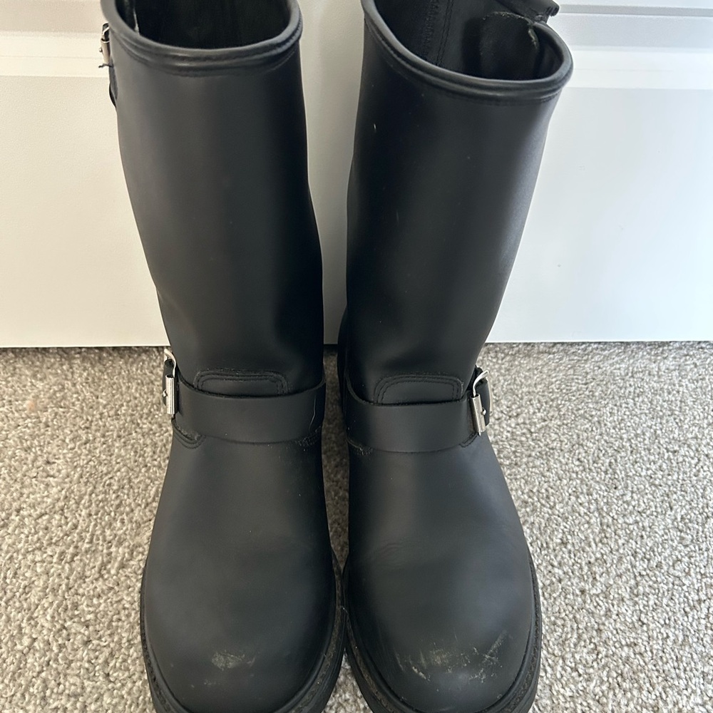 Men's Black Leather Buckle Engineer Boots